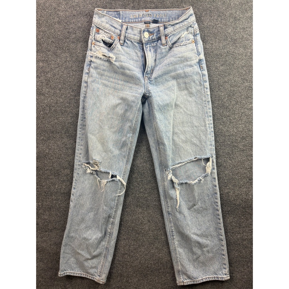 American Eagle Stovepipe Jeans Women 000 Light Blue Distressed Rigid High Rise